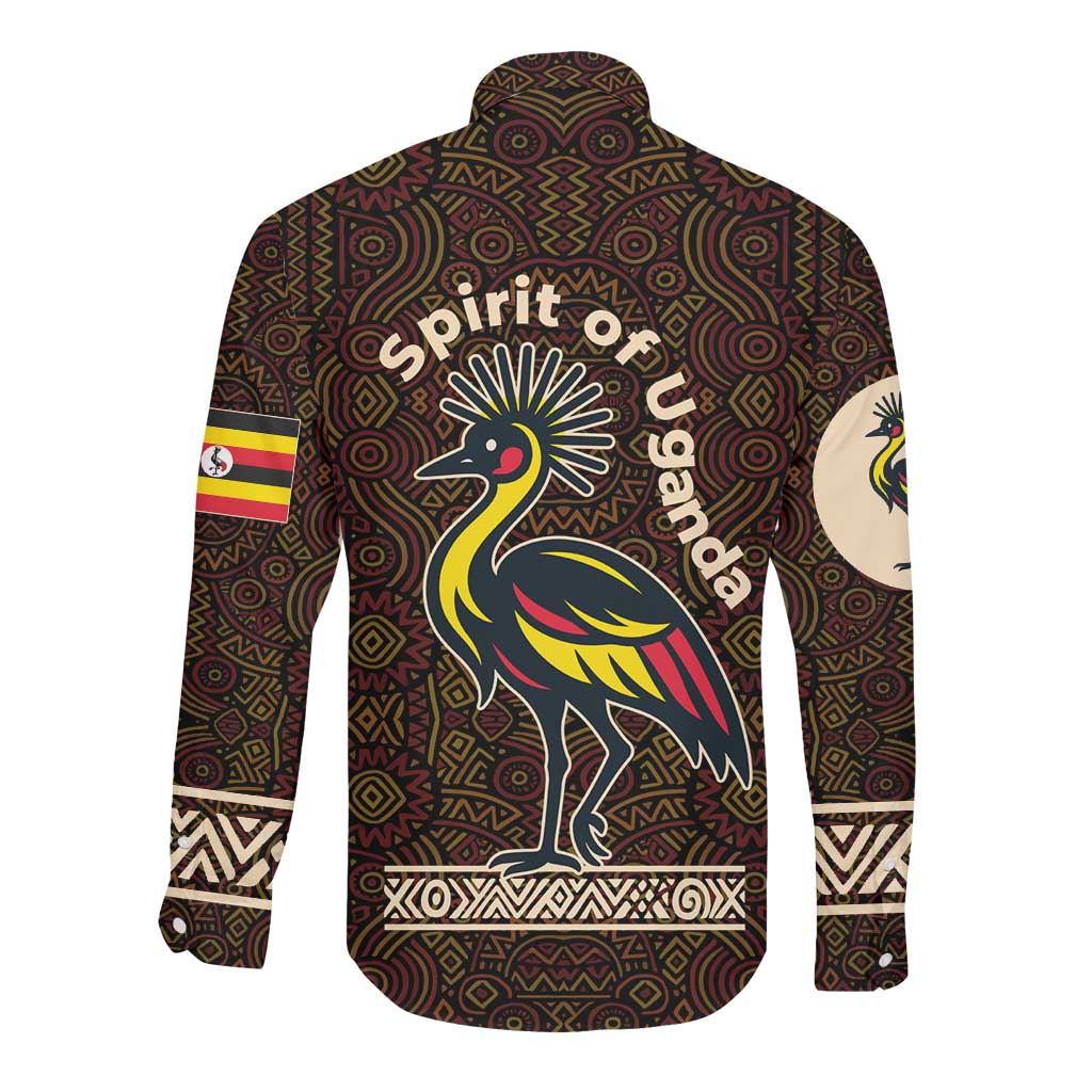 Uganda Long Sleeve Button Shirt - Grey Crowned Crane and Tribal Pattern Spirit of Uganda Theme