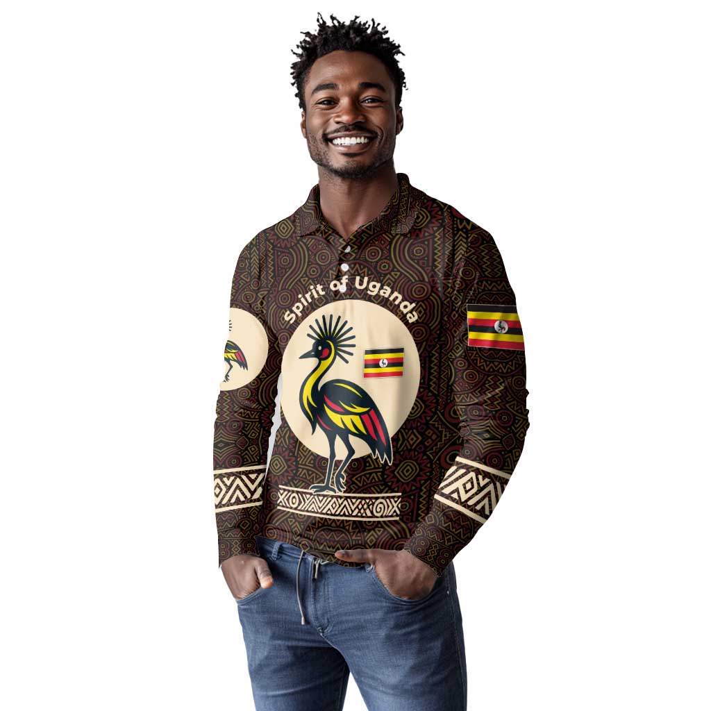 Uganda Long Sleeve Polo Shirt - Grey Crowned Crane and Tribal Pattern Spirit of Uganda Theme