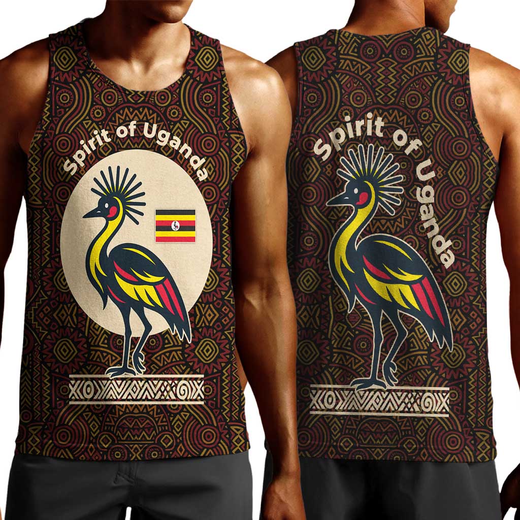 Uganda Men Tank Top - Grey Crowned Crane and Tribal Pattern Spirit of Uganda Theme