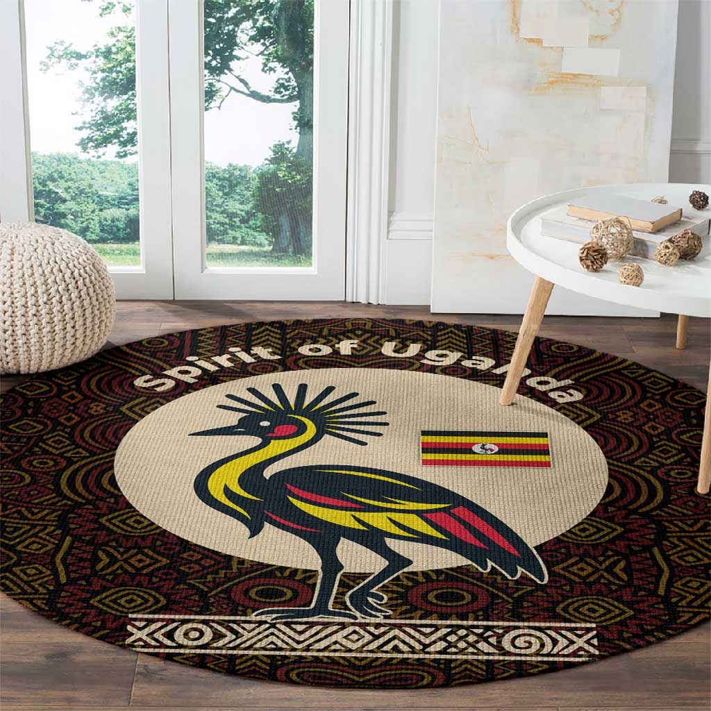Uganda Round Carpet - Grey Crowned Crane and Tribal Pattern Spirit of Uganda Theme