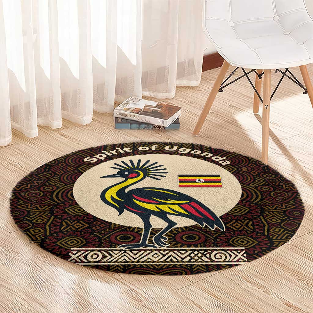 Uganda Round Carpet - Grey Crowned Crane and Tribal Pattern Spirit of Uganda Theme