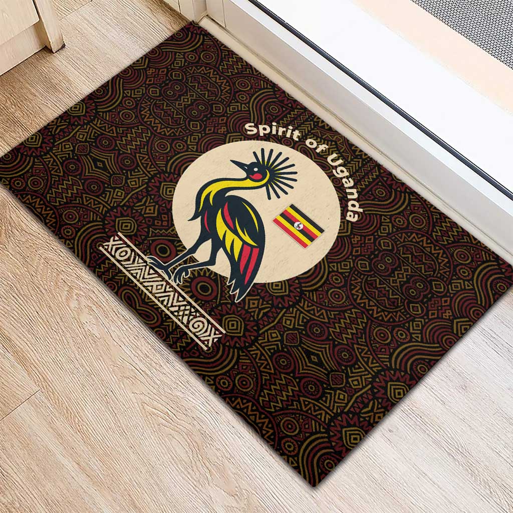 Uganda Rubber Doormat - Grey Crowned Crane and Tribal Pattern Spirit of Uganda Theme