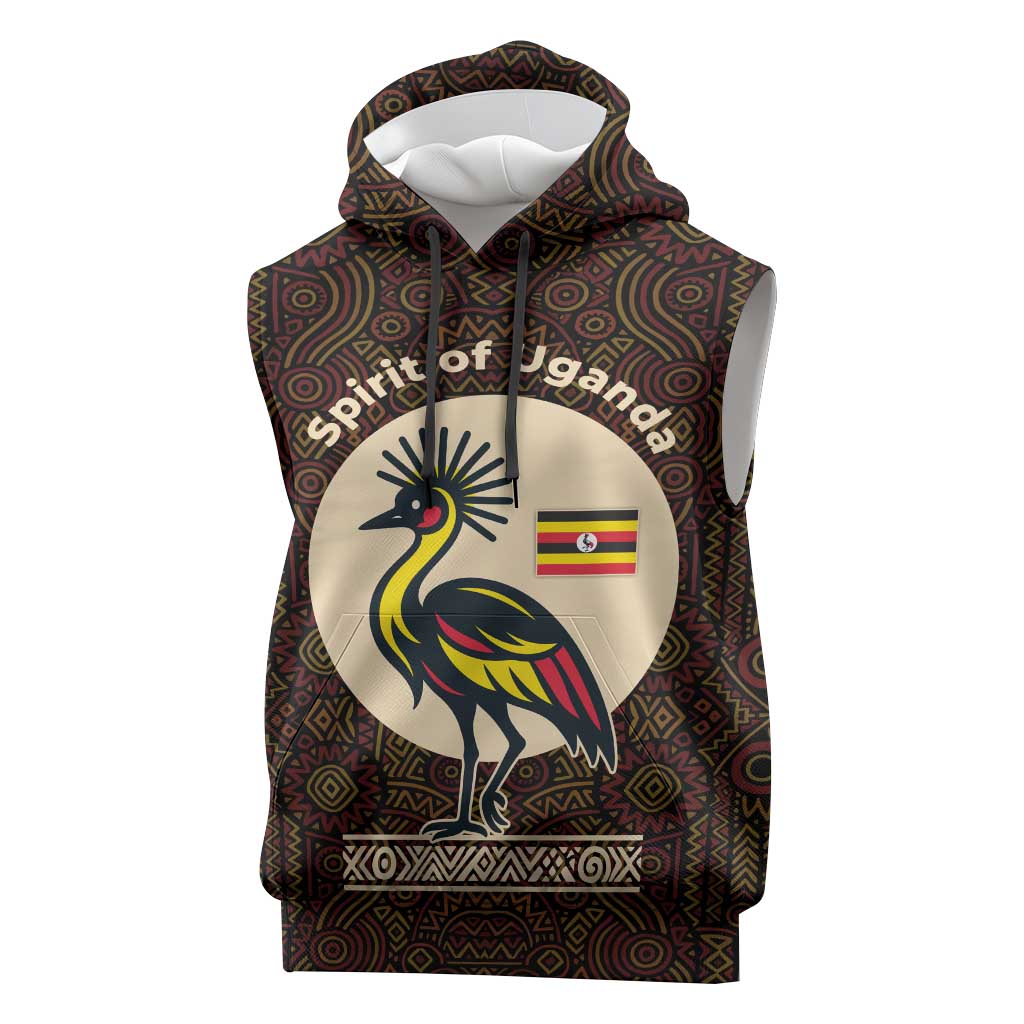 Uganda Sleeveless Hoodie - Grey Crowned Crane and Tribal Pattern Spirit of Uganda Theme - African Pride