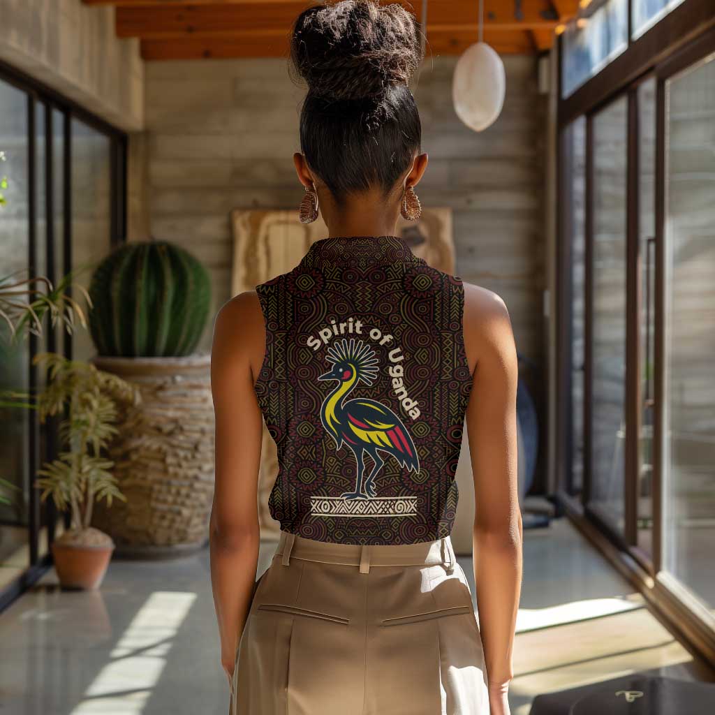 Uganda Women Sleeveless Polo Shirt - Grey Crowned Crane and Tribal Pattern Spirit of Uganda Theme