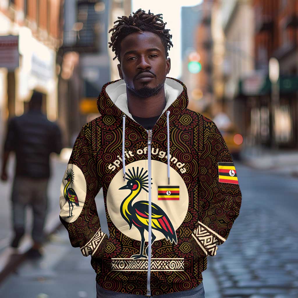 Uganda Zip Hoodie - Grey Crowned Crane and Tribal Pattern Spirit of Uganda Theme