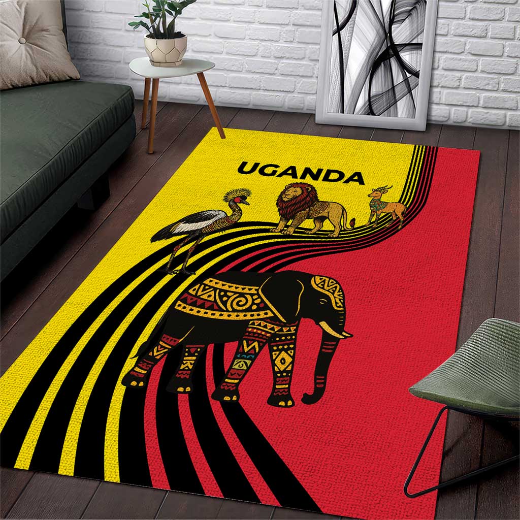 Uganda Area Rug - African Wildlife Elephant Lion and Crane in Tribal Pattern Design