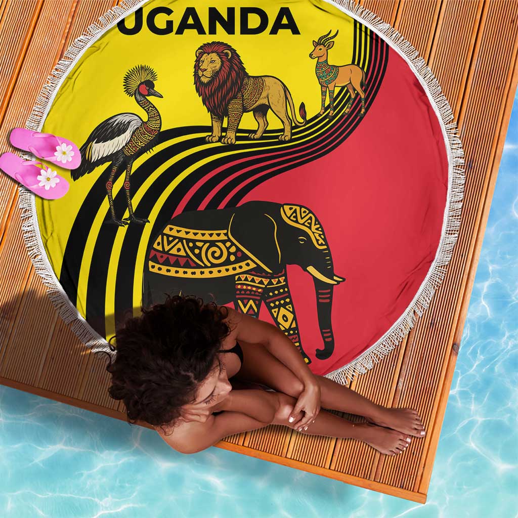 Uganda Beach Blanket - African Wildlife Elephant Lion and Crane in Tribal Pattern Design