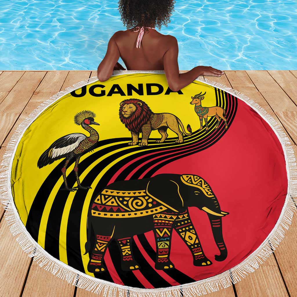 Uganda Beach Blanket - African Wildlife Elephant Lion and Crane in Tribal Pattern Design
