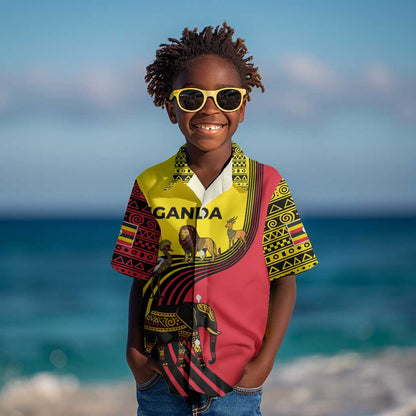 Uganda Kid Hawaiian Shirt - African Wildlife Elephant Lion and Crane in Tribal Pattern Design