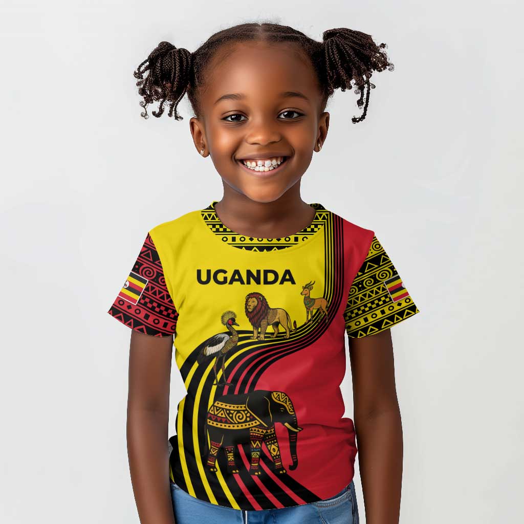 Uganda Kid T shirt - African Wildlife Elephant Lion and Crane in Tribal Pattern Design