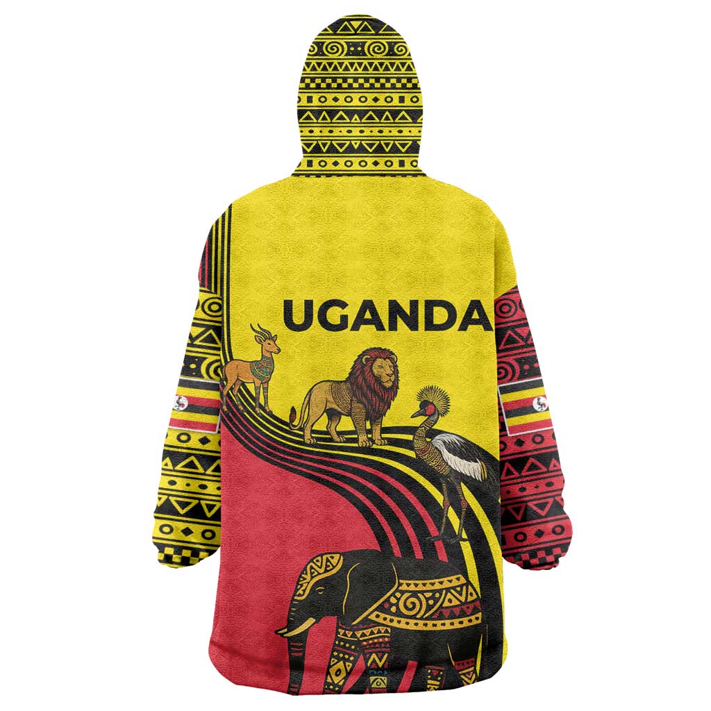 Uganda Kid Wearable Blanket Hoodie - African Wildlife Elephant Lion and Crane in Tribal Pattern Design