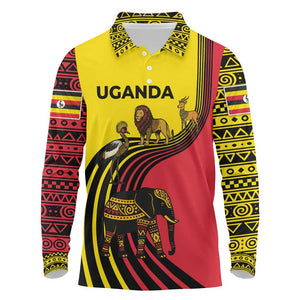 Uganda Long Sleeve Polo Shirt - African Wildlife Elephant Lion and Crane in Tribal Pattern Design