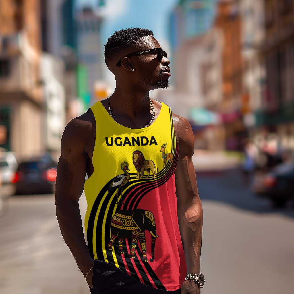 Uganda Men Tank Top - African Wildlife Elephant Lion and Crane in Tribal Pattern Design