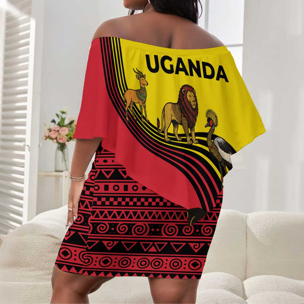 Uganda Off Shoulder Short Dress - African Wildlife Elephant Lion and Crane in Tribal Pattern Design