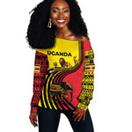 Uganda Off Shoulder Sweater - African Wildlife Elephant Lion and Crane in Tribal Pattern Design