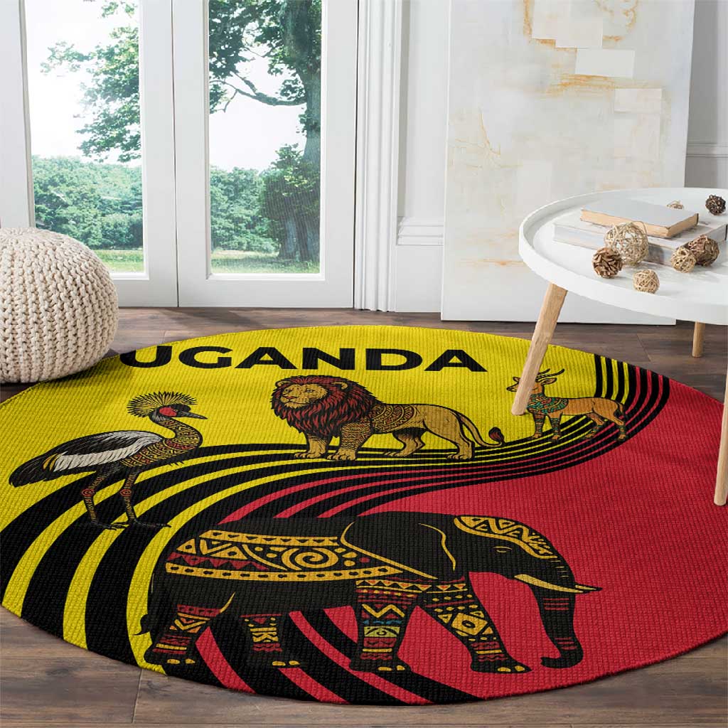 Uganda Round Carpet - African Wildlife Elephant Lion and Crane in Tribal Pattern Design