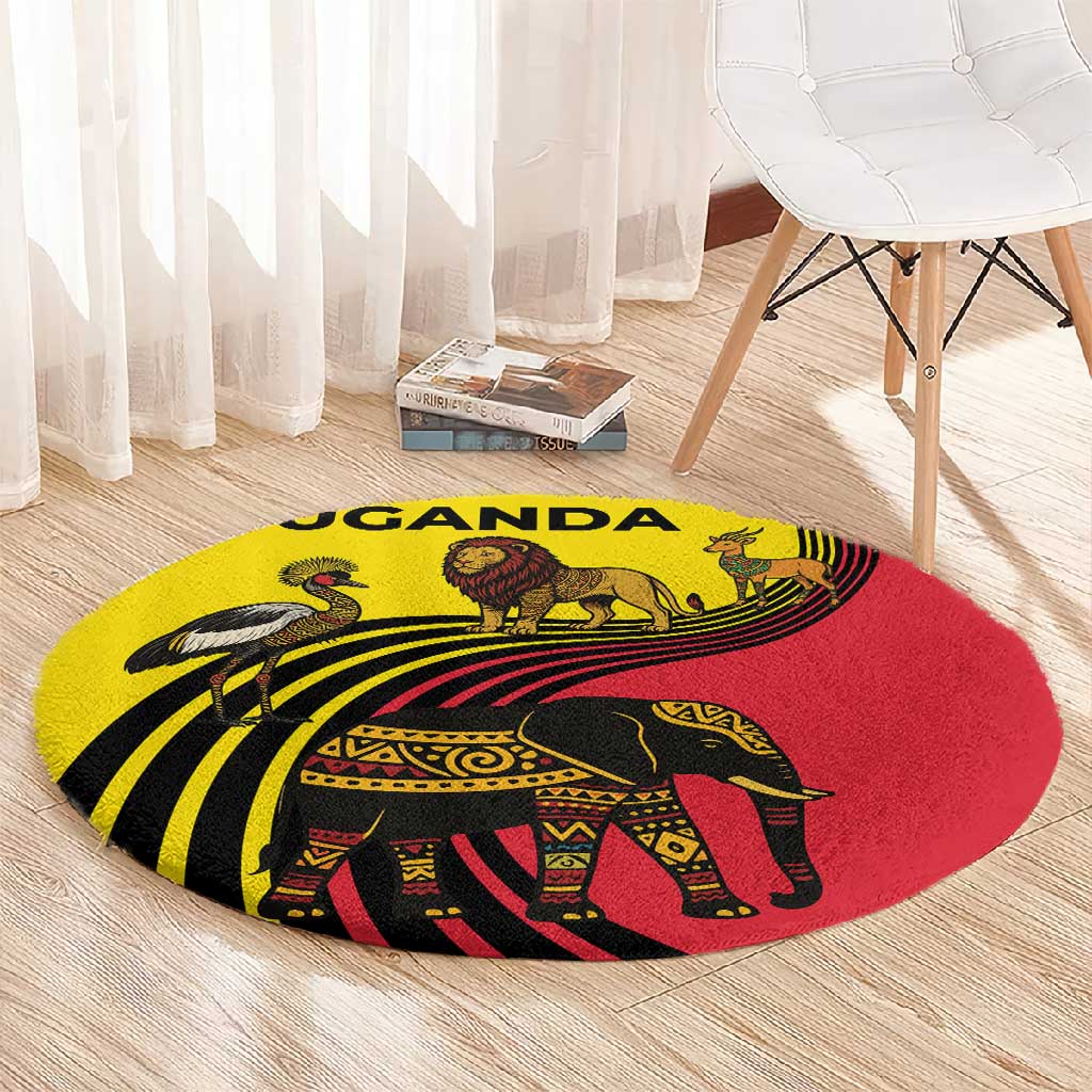Uganda Round Carpet - African Wildlife Elephant Lion and Crane in Tribal Pattern Design