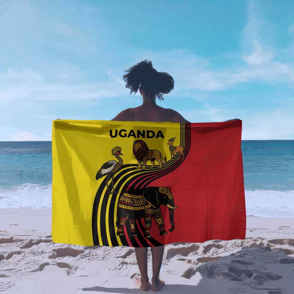 Uganda Sarong - African Wildlife Elephant Lion and Crane in Tribal Pattern Design