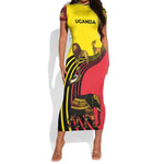 Uganda Short Sleeve Bodycon Dress - African Wildlife Elephant Lion and Crane in Tribal Pattern Design TS04