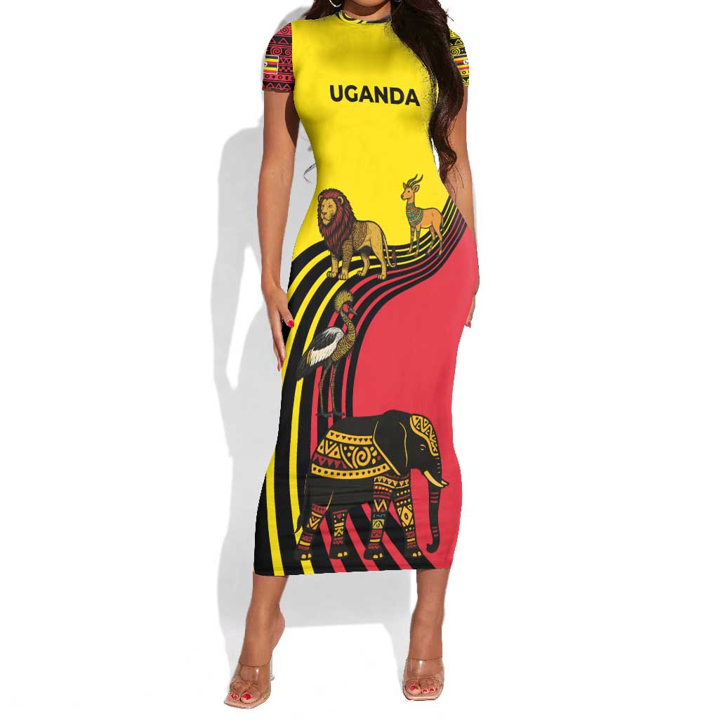 Uganda Short Sleeve Bodycon Dress - African Wildlife Elephant Lion and Crane in Tribal Pattern Design TS04