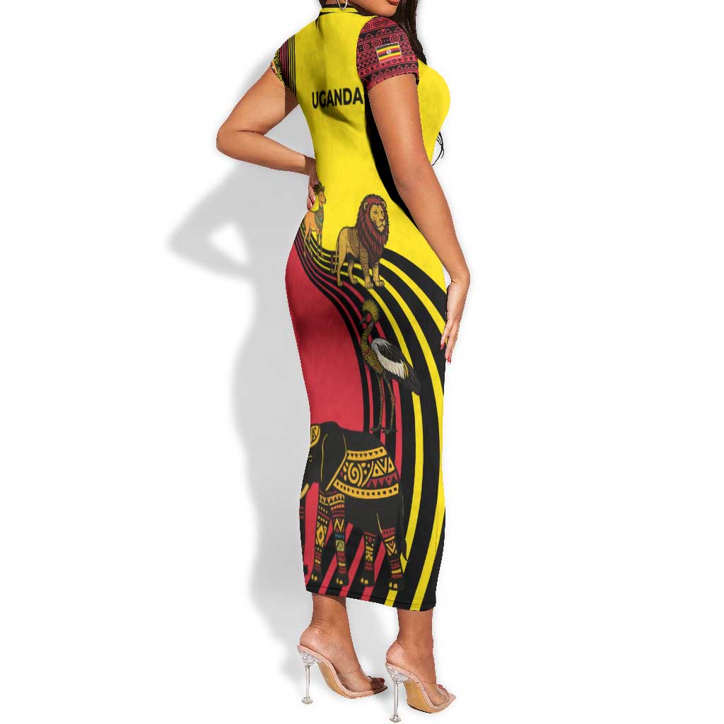 Uganda Short Sleeve Bodycon Dress - African Wildlife Elephant Lion and Crane in Tribal Pattern Design TS04