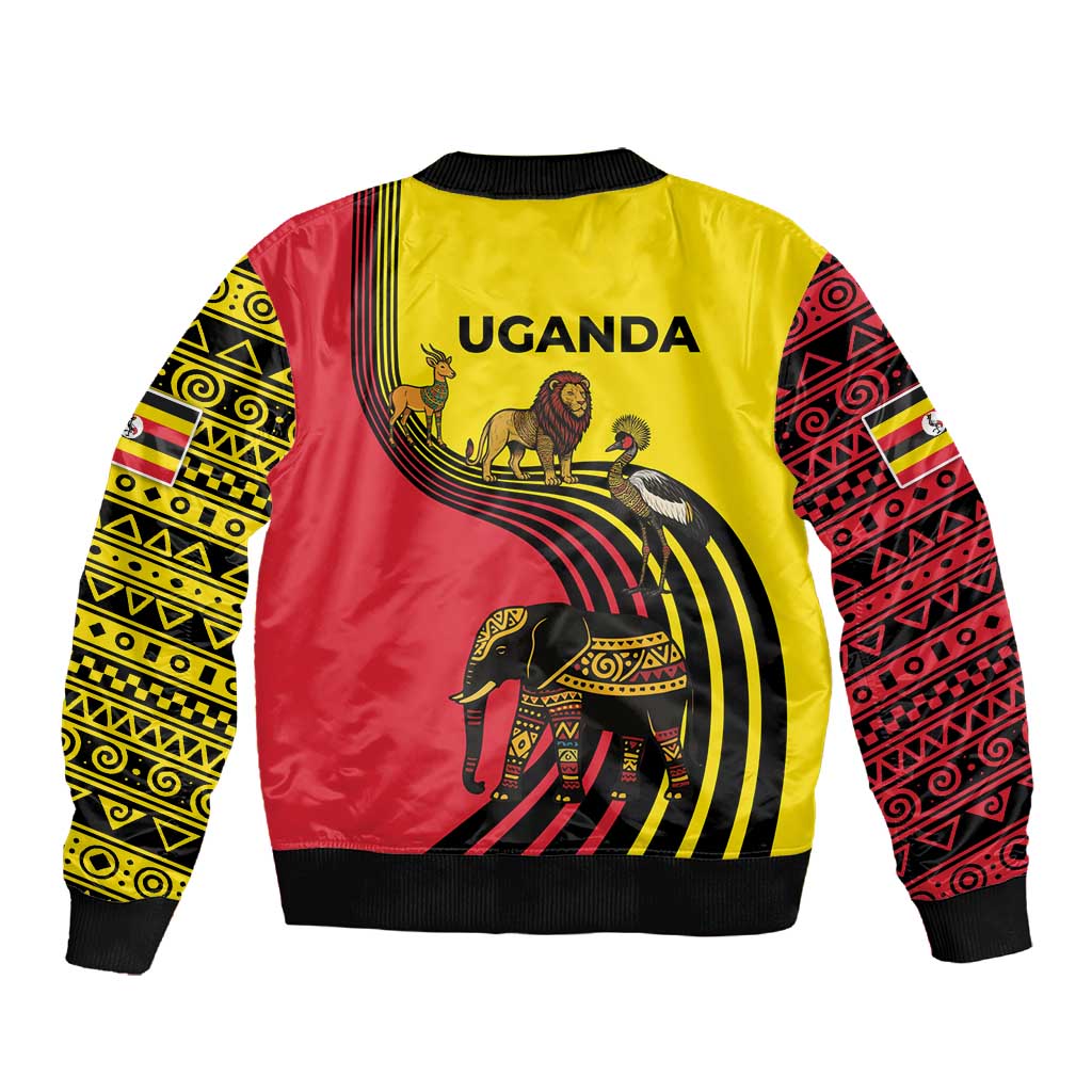 Uganda Sleeve Zip Bomber Jacket - African Wildlife Elephant Lion and Crane in Tribal Pattern Design
