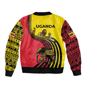 Uganda Sleeve Zip Bomber Jacket - African Wildlife Elephant Lion and Crane in Tribal Pattern Design