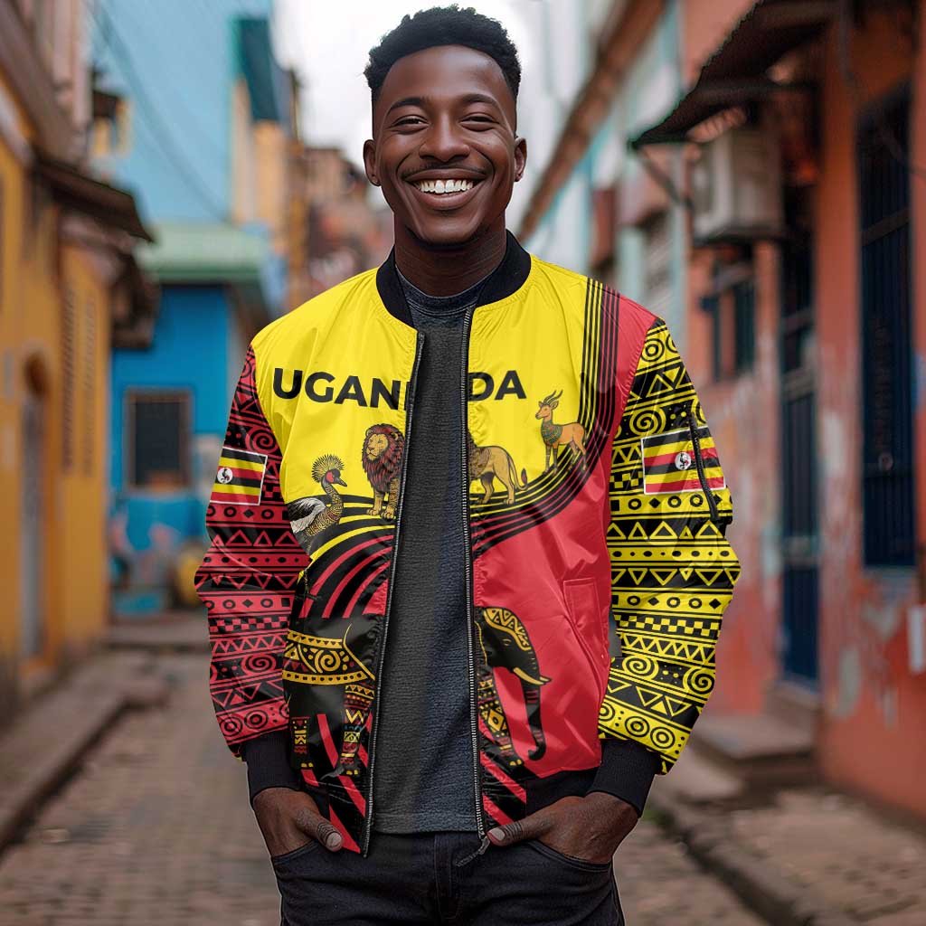 Uganda Sleeve Zip Bomber Jacket - African Wildlife Elephant Lion and Crane in Tribal Pattern Design