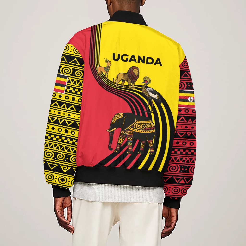 Uganda Sleeve Zip Bomber Jacket - African Wildlife Elephant Lion and Crane in Tribal Pattern Design