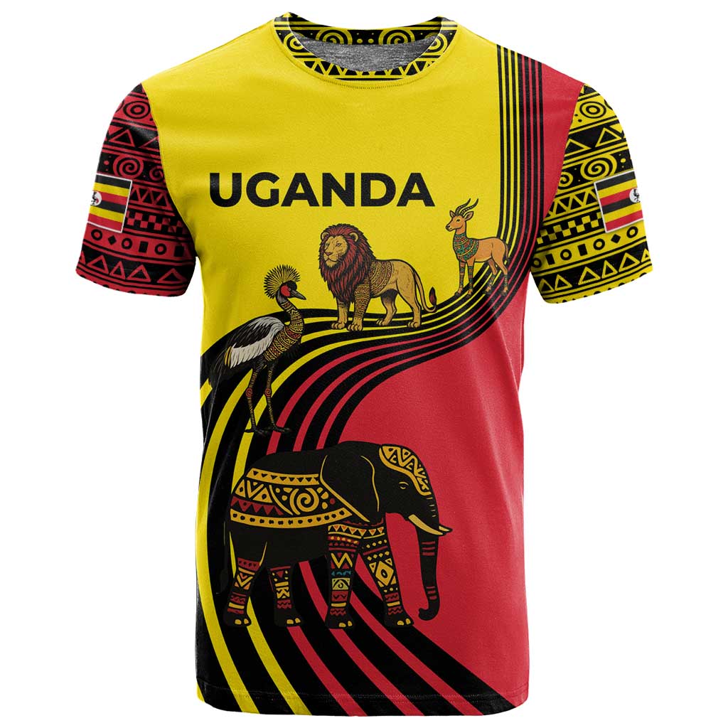 Uganda T shirt - African Wildlife Elephant Lion and Crane in Tribal Pattern Design