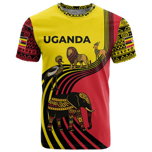 Uganda T shirt - African Wildlife Elephant Lion and Crane in Tribal Pattern Design