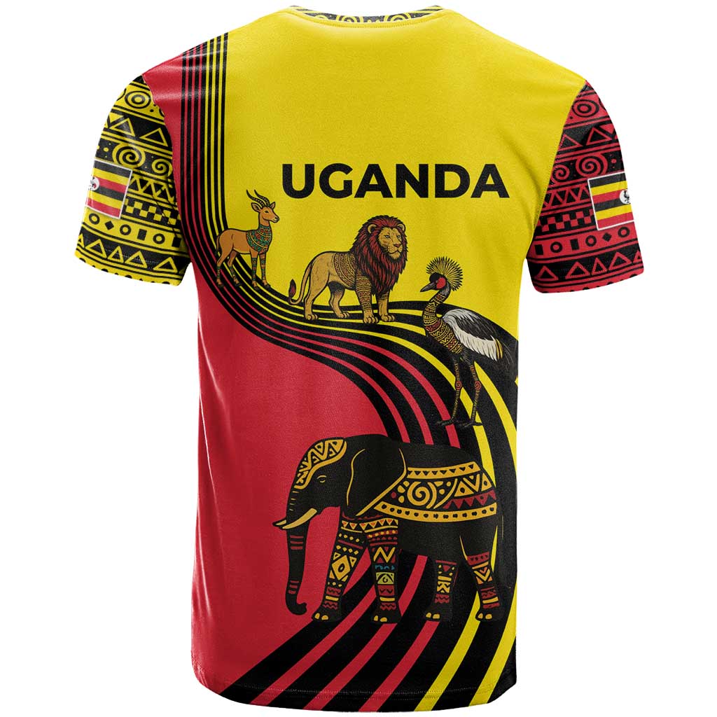 Uganda T shirt - African Wildlife Elephant Lion and Crane in Tribal Pattern Design
