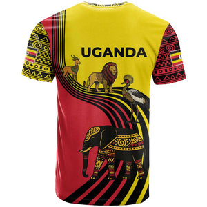 Uganda T shirt - African Wildlife Elephant Lion and Crane in Tribal Pattern Design