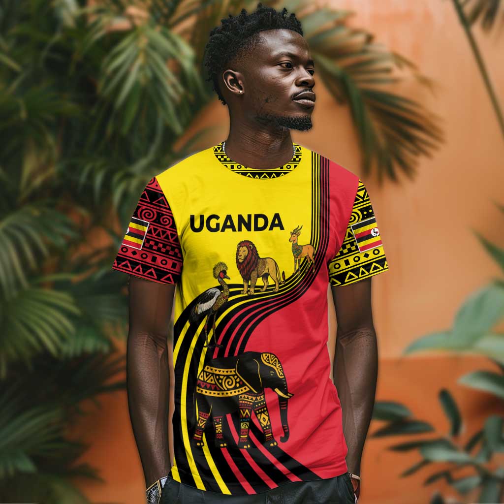 Uganda T shirt - African Wildlife Elephant Lion and Crane in Tribal Pattern Design