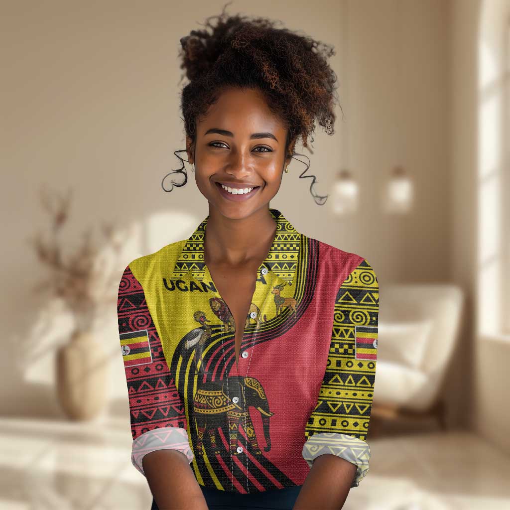 Uganda Women Casual Shirt - African Wildlife Elephant Lion and Crane in Tribal Pattern Design