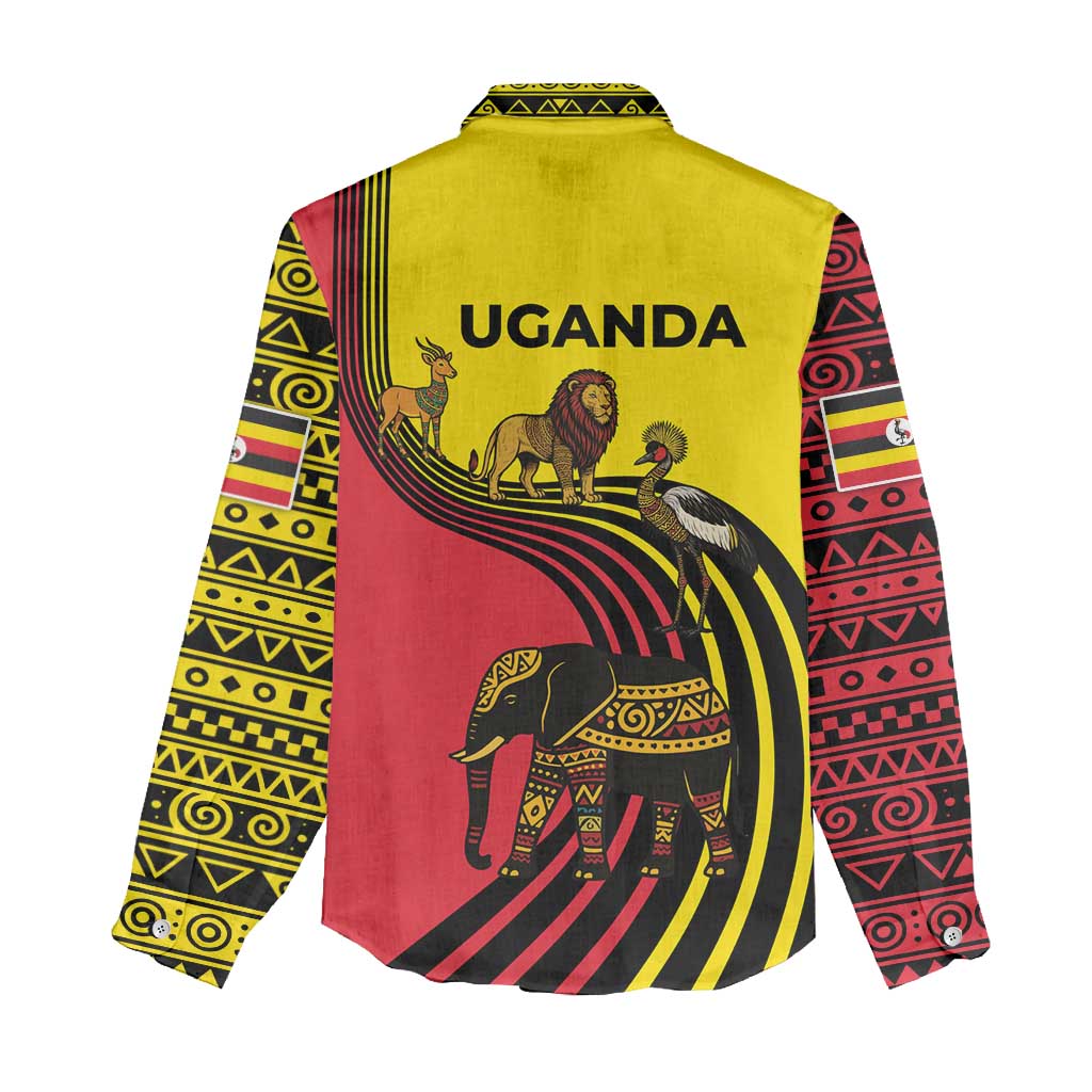 Uganda Women Casual Shirt - African Wildlife Elephant Lion and Crane in Tribal Pattern Design