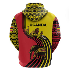 Uganda Zip Hoodie - African Wildlife Elephant Lion and Crane in Tribal Pattern Design