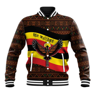 Uganda Baseball Jacket - Crested Crane and Rise and Shine Tribal Pattern Design