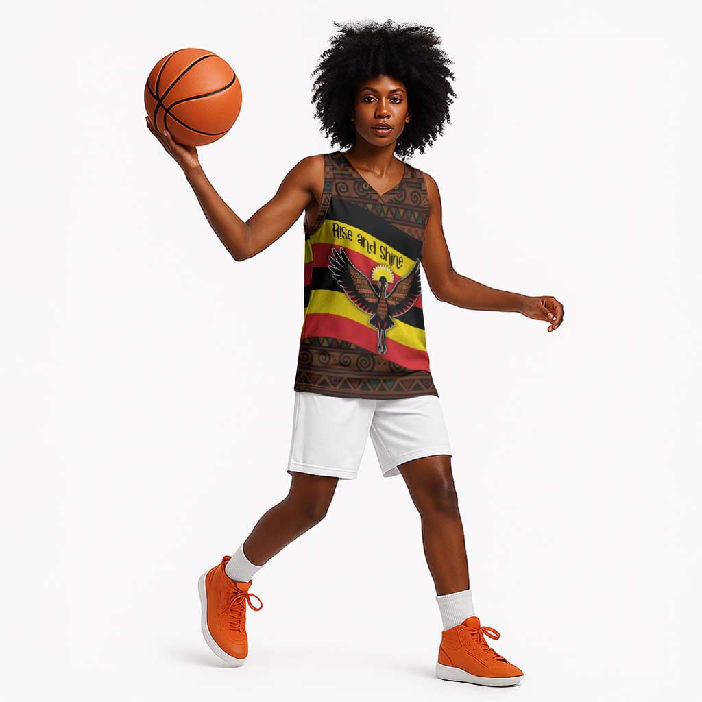 Uganda Basketball Jersey - Crested Crane and Rise and Shine Tribal Pattern Design TS04
