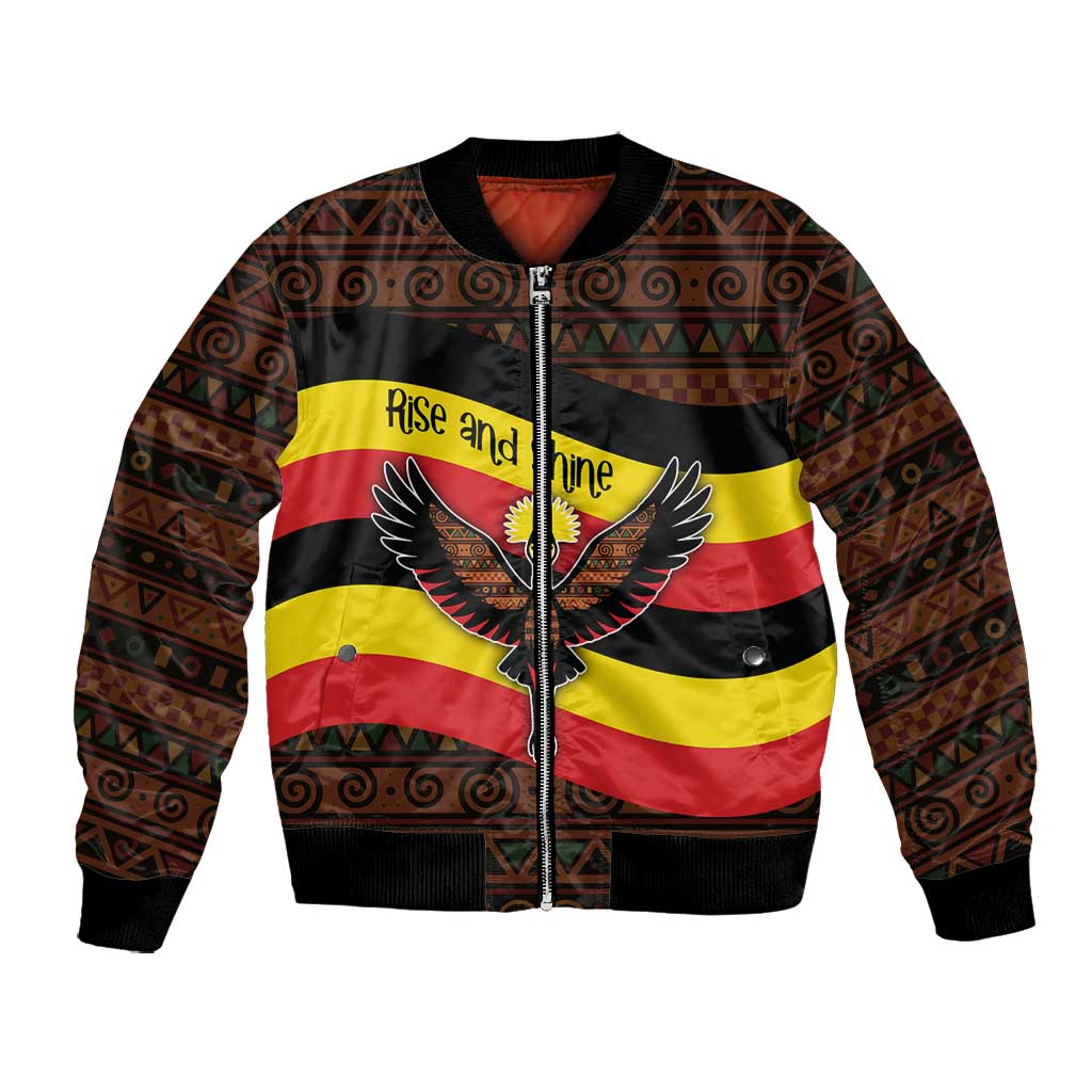 Uganda Bomber Jacket - Crested Crane and Rise and Shine Tribal Pattern Design