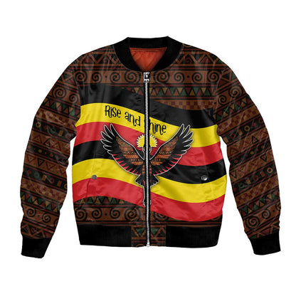 Uganda Bomber Jacket - Crested Crane and Rise and Shine Tribal Pattern Design