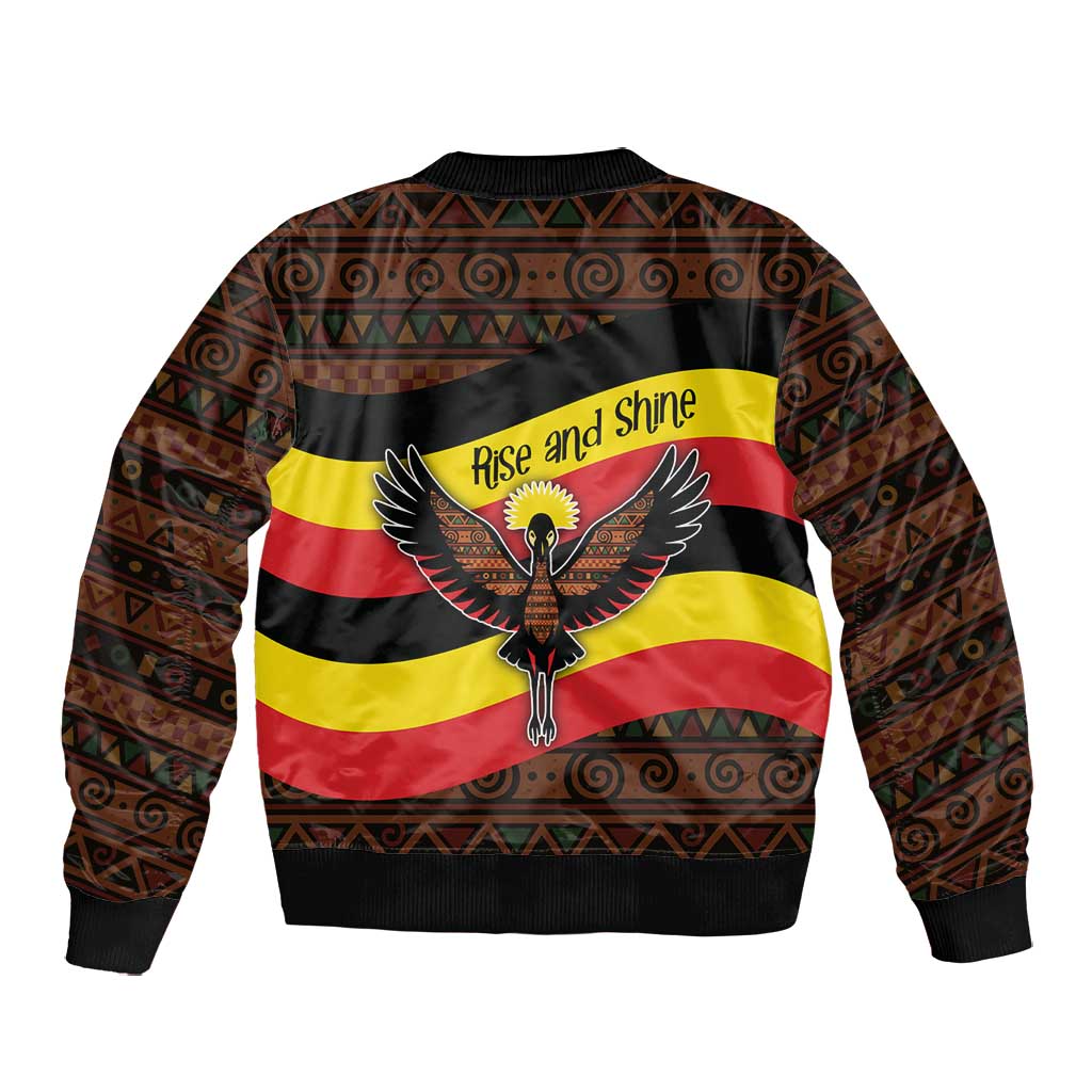 Uganda Bomber Jacket - Crested Crane and Rise and Shine Tribal Pattern Design