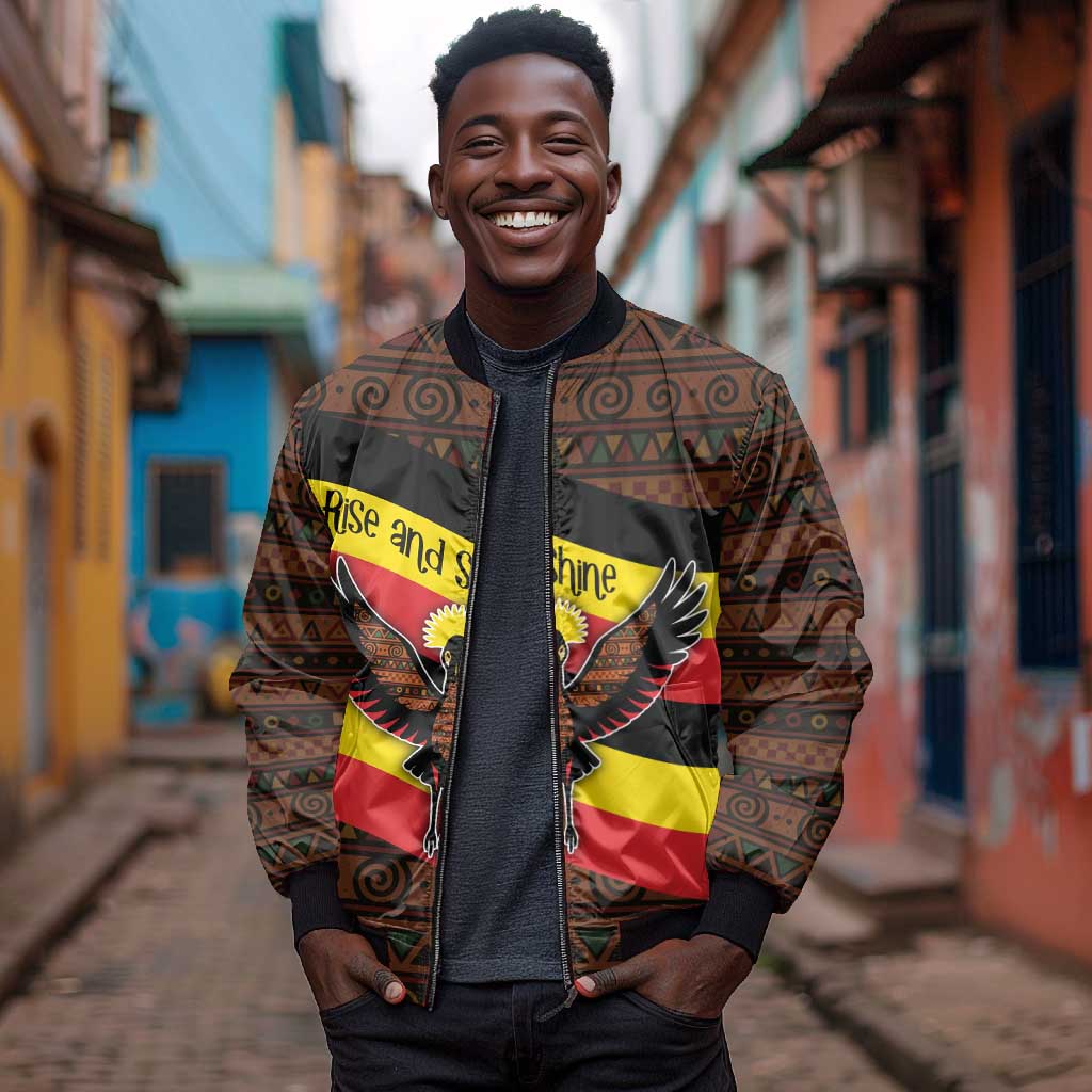 Uganda Bomber Jacket - Crested Crane and Rise and Shine Tribal Pattern Design