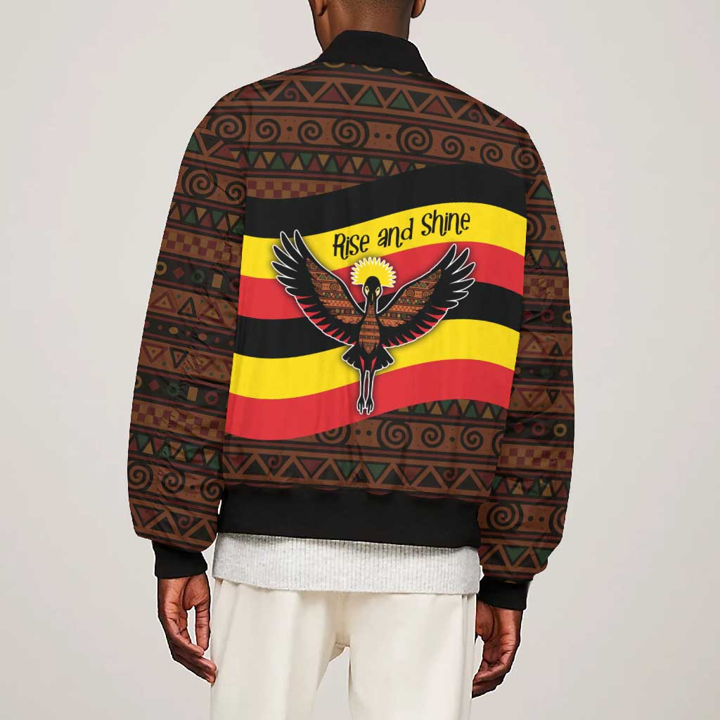 Uganda Bomber Jacket - Crested Crane and Rise and Shine Tribal Pattern Design