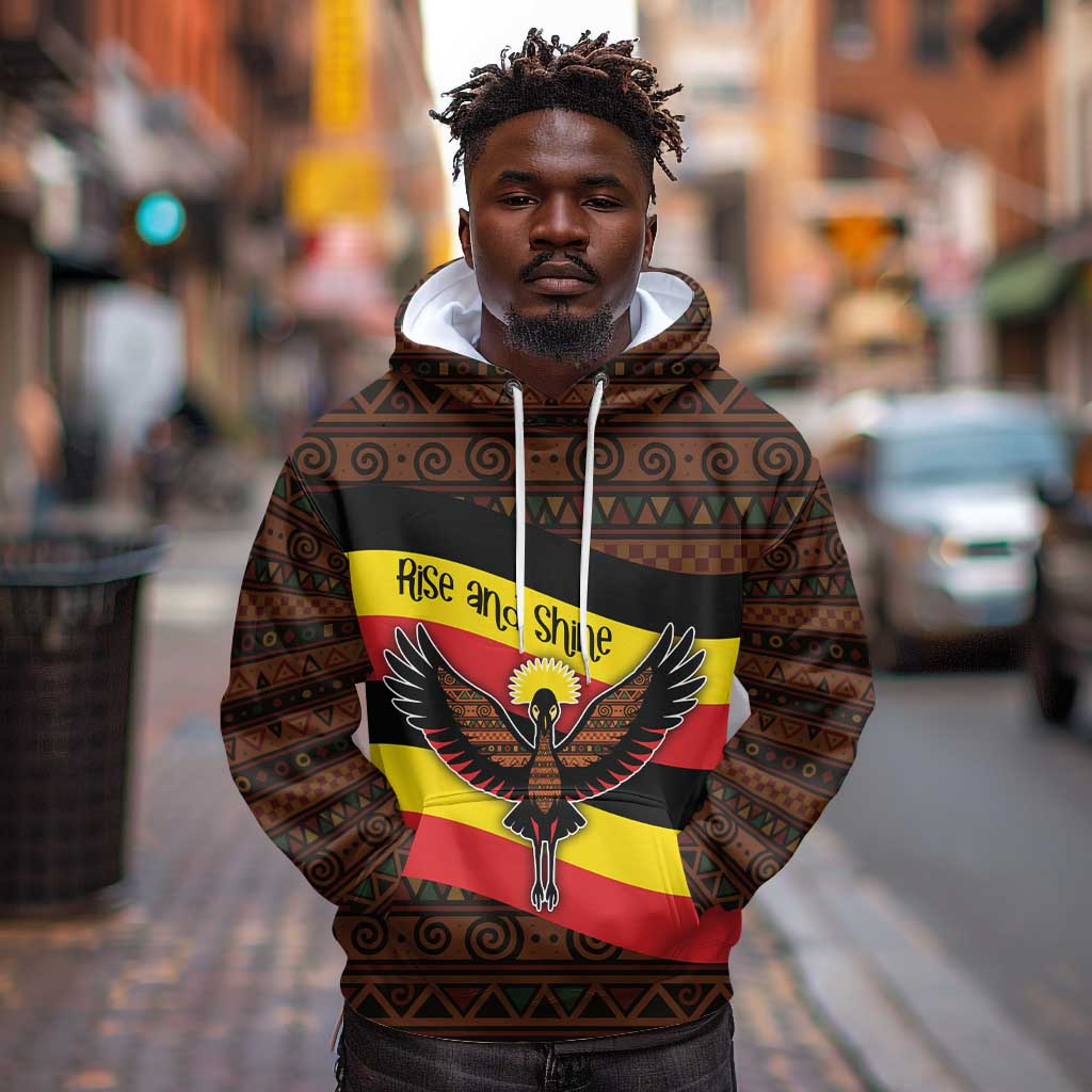 Uganda Hoodie - Crested Crane and Rise and Shine Tribal Pattern Design