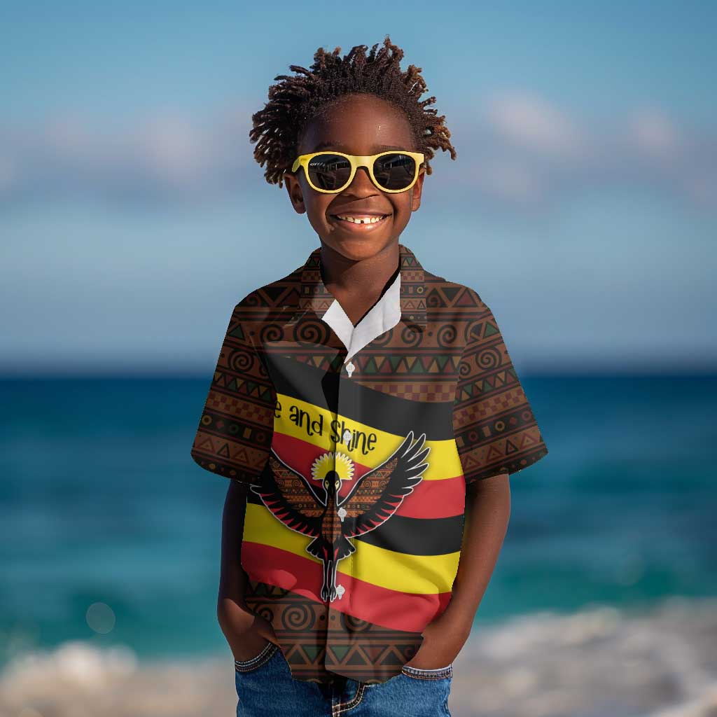 Uganda Kid Hawaiian Shirt - Crested Crane and Rise and Shine Tribal Pattern Design