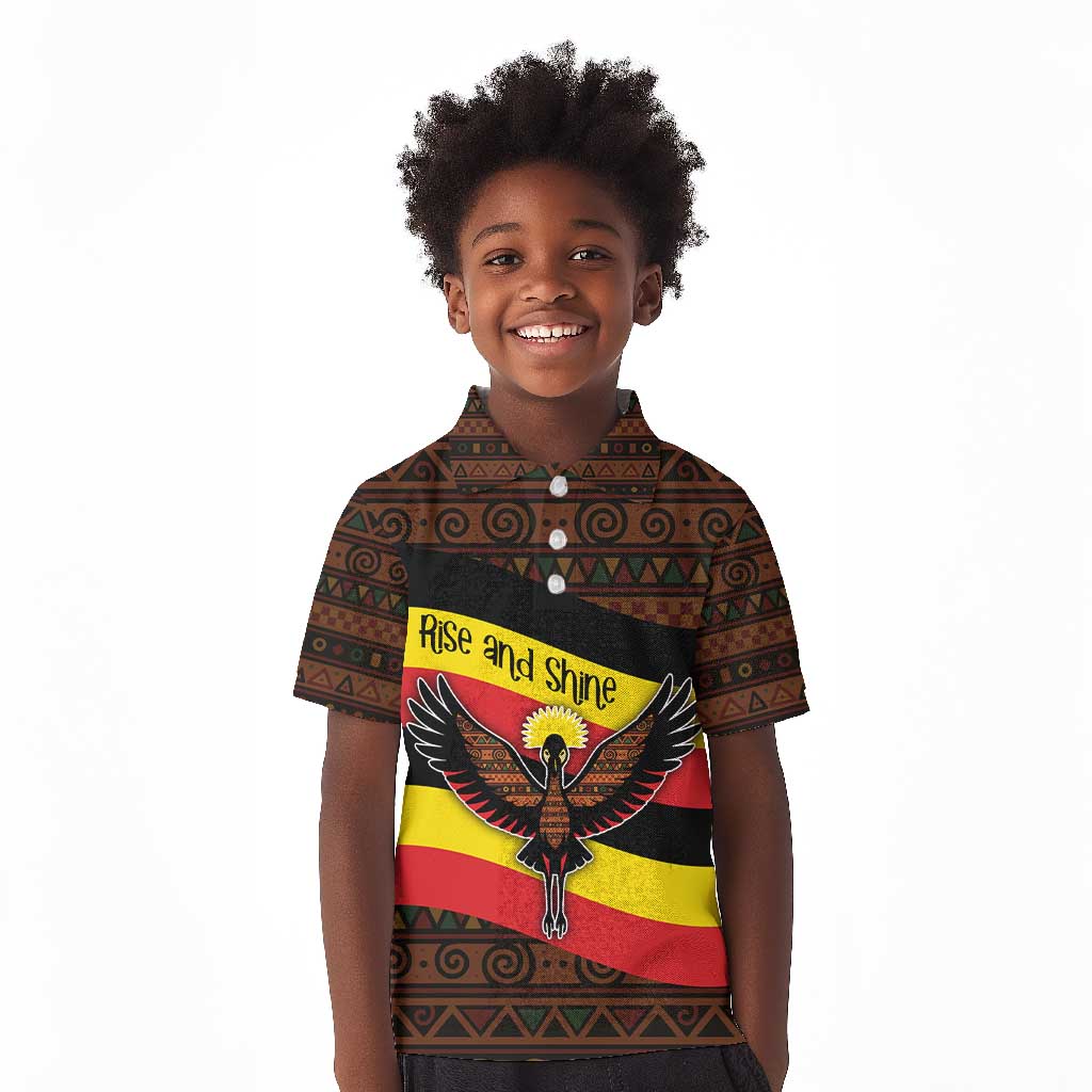 Uganda Kid Polo Shirt - Crested Crane and Rise and Shine Tribal Pattern Design