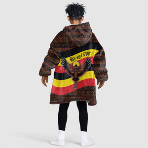 Uganda Kid Wearable Blanket Hoodie - Crested Crane and Rise and Shine Tribal Pattern Design