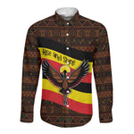 Uganda Long Sleeve Button Shirt - Crested Crane and Rise and Shine Tribal Pattern Design