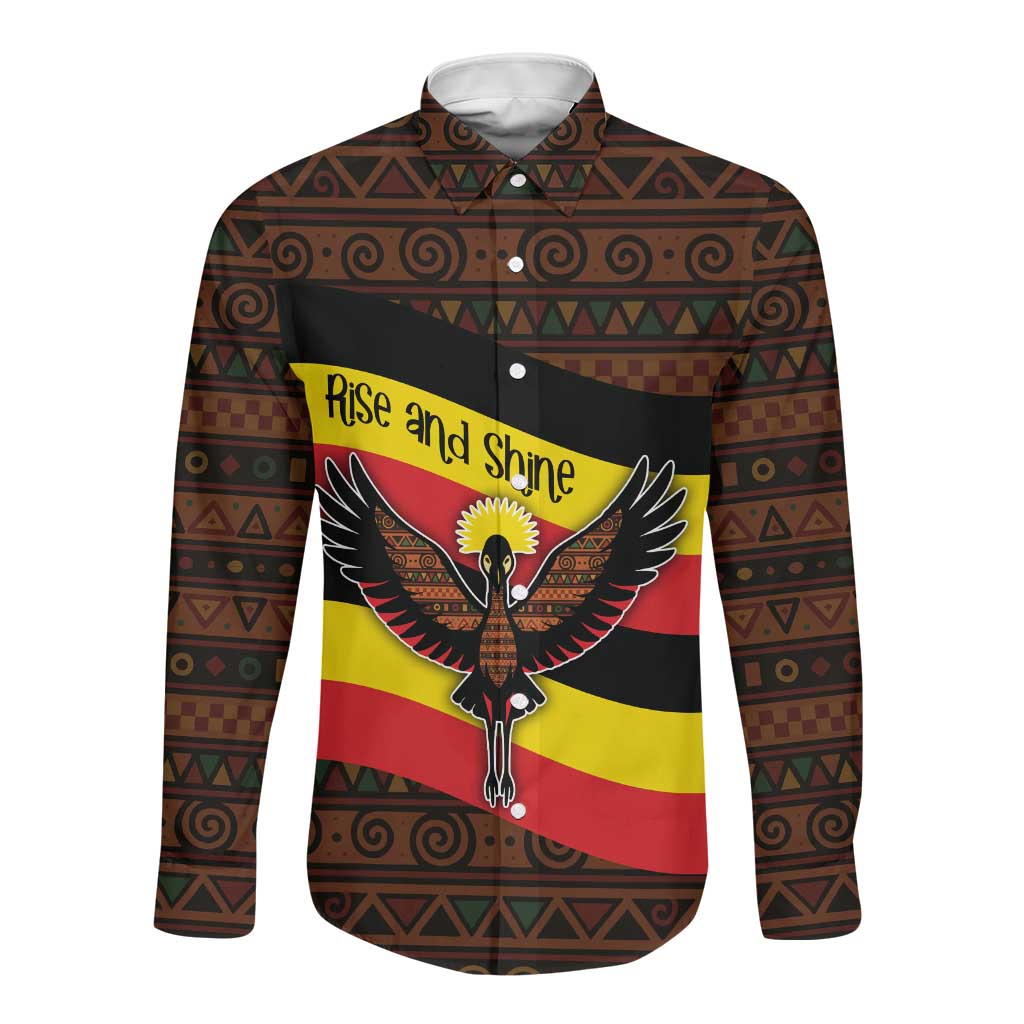 Uganda Long Sleeve Button Shirt - Crested Crane and Rise and Shine Tribal Pattern Design